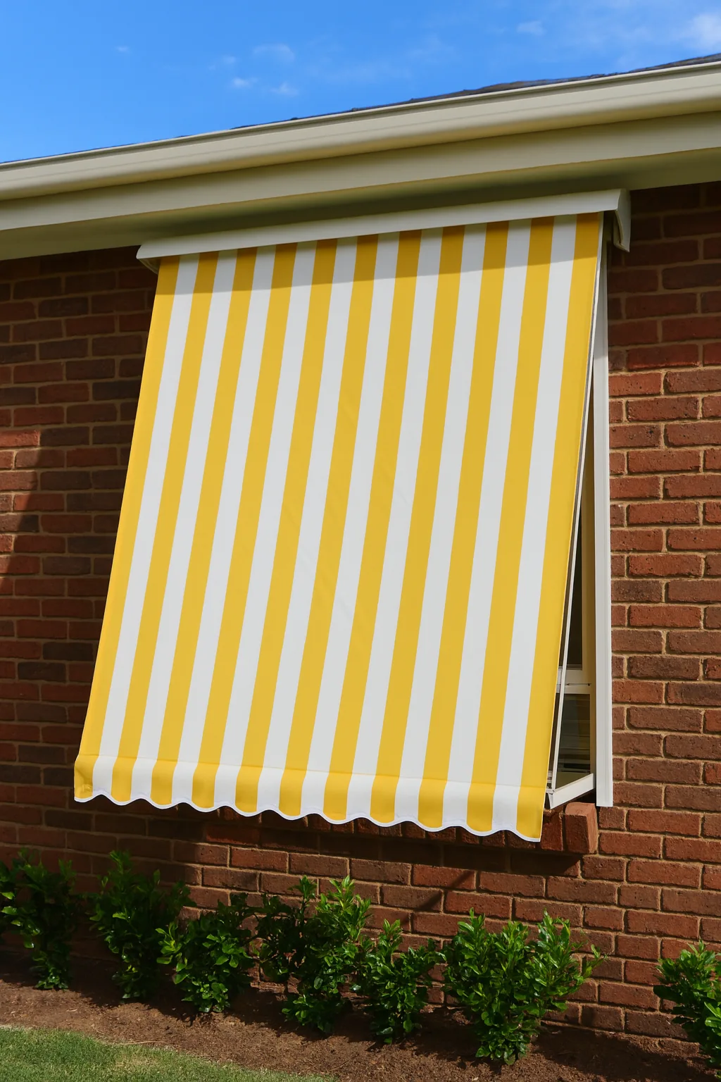 Striped Awning Over Red Brick Wall